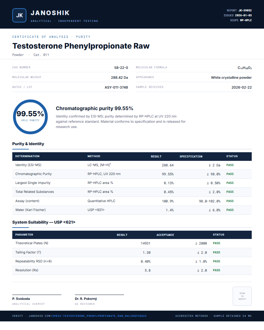 Testosterone Phenylpropionate Raw Purity (HPLC) report by Janoshik Analytical