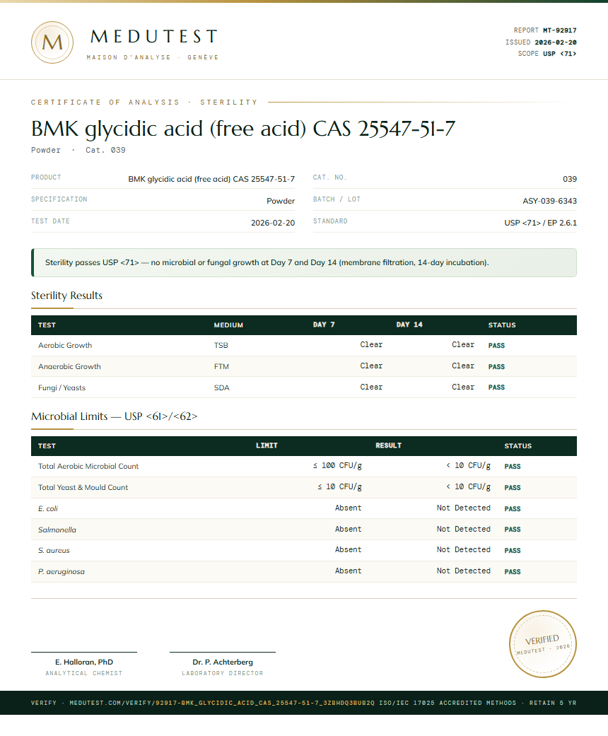 BMK glycidic acid (free acid) CAS 25547-51-7 Sterility report by Medutest