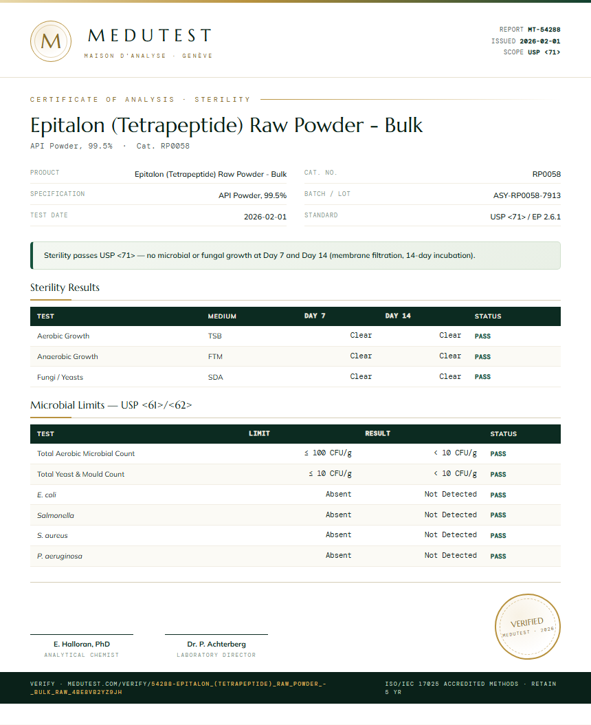 Epitalon (Tetrapeptide) Raw Powder - Bulk Sterility report by Medutest