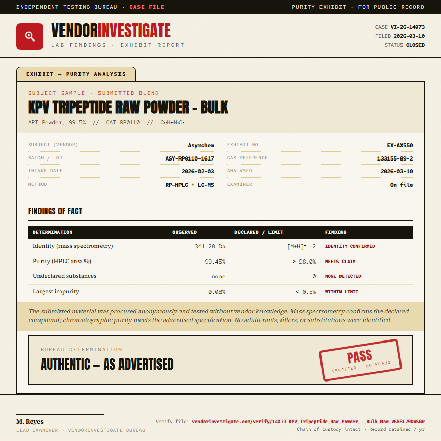 KPV Tripeptide Raw Powder - Bulk Purity (HPLC) report by VendorInvestigate