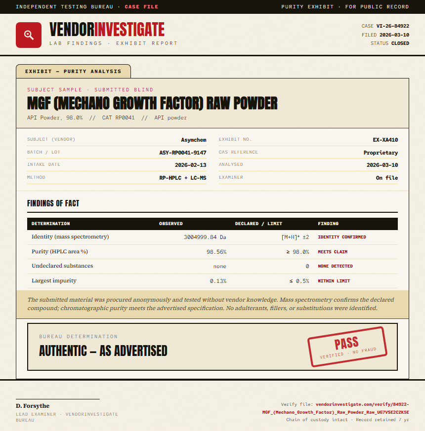 MGF (Mechano Growth Factor) Raw Powder Purity (HPLC) report by VendorInvestigate