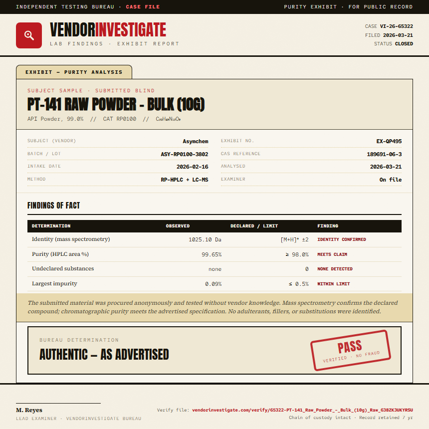 PT-141 Raw Powder - Bulk (10g) Purity (HPLC) report by VendorInvestigate