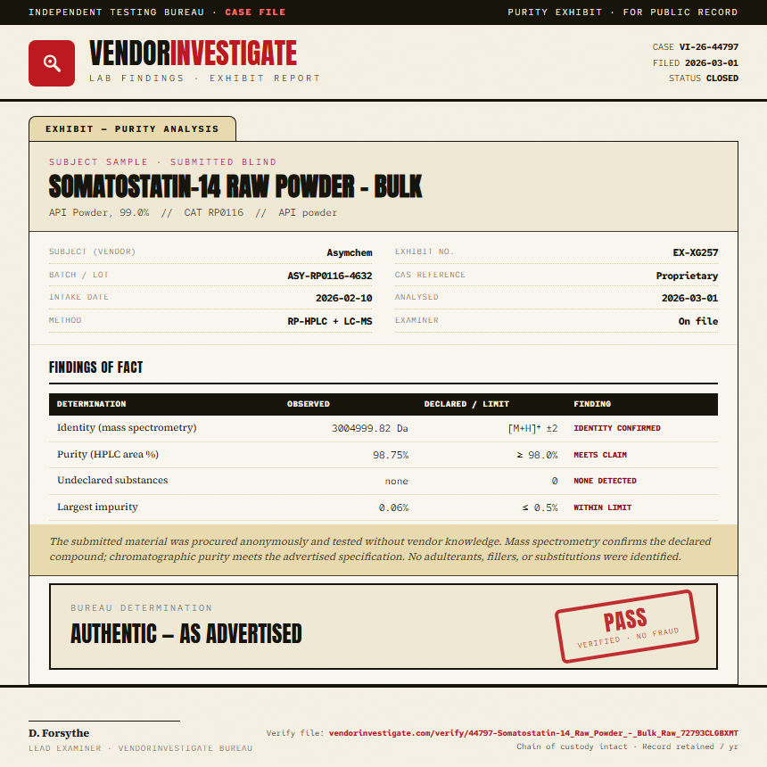 Somatostatin-14 Raw Powder - Bulk Purity (HPLC) report by VendorInvestigate