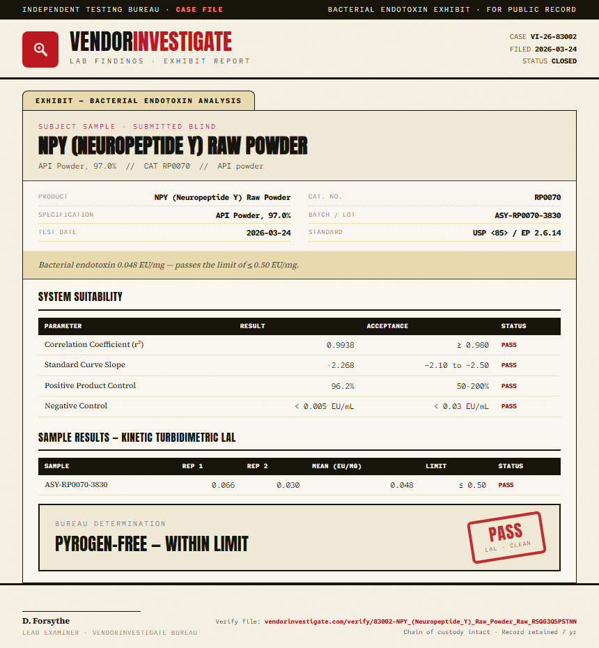 NPY (Neuropeptide Y) Raw Powder Endotoxin report by VendorInvestigate