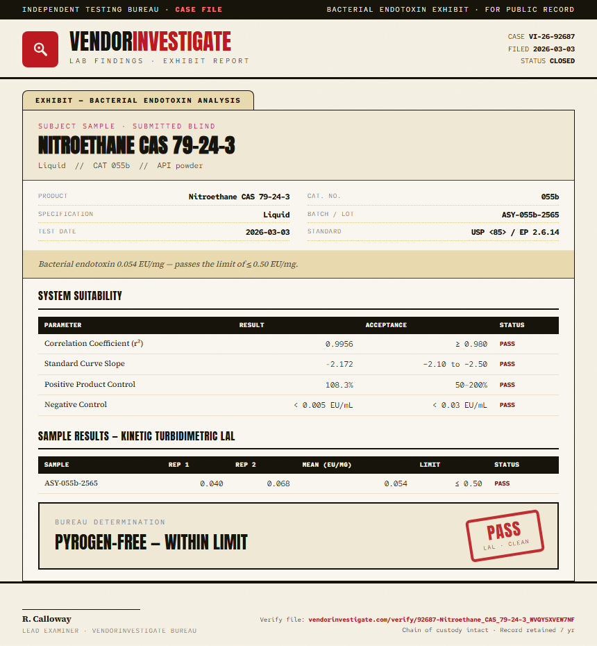Nitroethane CAS 79-24-3 Endotoxin report by VendorInvestigate