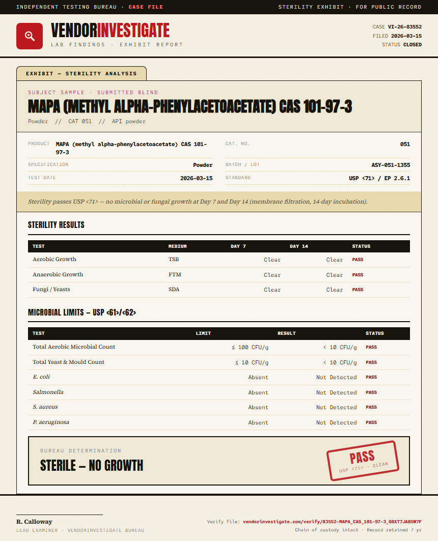 MAPA (methyl alpha-phenylacetoacetate) CAS 101-97-3 Sterility report by VendorInvestigate